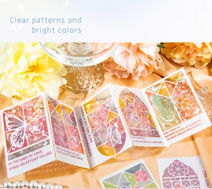 Detail view of floral butterfly PVC cards with accordion fold on silk background