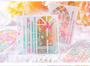 Close-up of translucent butterfly flower PVC cards with aesthetic vintage quotes