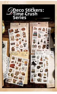 Detailed view of vintage themed scrapbooking stickers with retro stationery on wood