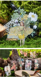 Detail of transparent PET flower fairy stickers with gold foil stamping and butterfly motifs