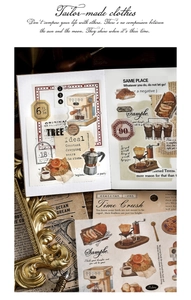 Macro detail of retro coffee and bread stickers for scrapbooking with vintage aesthetic