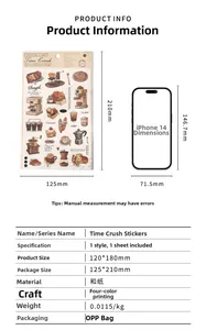 Size comparison and specifications chart for vintage cafe theme washi paper stickers