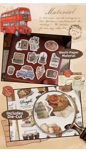 Close-up of vintage washi stickers with pre-cut retro camera and coffee motifs
