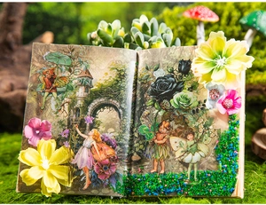 Macro shot of 3D fantasy forest fairy PET stickers with gold foil details for journaling
