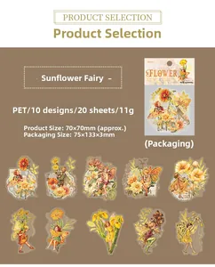 Detail view of sunflower fairy PET stickers showing 10 designs and 20 sheets per pack