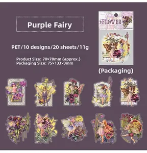 Detailed catalog of 20pcs vintage flower fairy PET stickers with gold foil accents