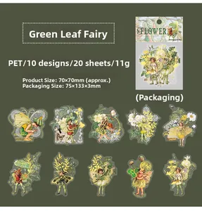 Detailed close-up of 20pcs green leaf fairy PET stickers with gold foil accents
