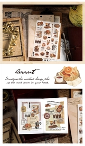Detail of vintage Time Crush stickers featuring coffee and bakery items for scrapbooking
