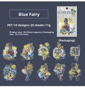 Macro detail of PET floral fairy stickers with gold stamping in deep blue and yellow