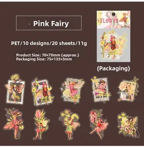 Macro view of 20pcs vintage floral fairy PET stickers with gold foil details