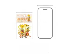 Size comparison of Flower Fairy PET stickers showing 75x133mm pack next to an iPhone 14