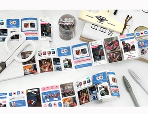 Detail of Korean style Washi tape featuring social media UI icons and musical player patterns