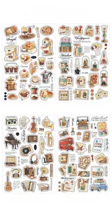 Macro shot of vintage scrapbooking stickers featuring hand-drawn coffee and stationery