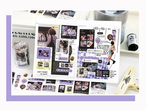 Flat lay of vintage social media style washi tape and stickers with digital UI elements