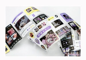Macro shot of UI style adhesive tapes featuring polaroid photos and mini music player icons