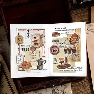 Vintage coffee themed scrapbooking stickers featuring illustrated espresso machines and cups