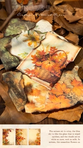 Nahaufnahme von Vintage Herbst-Scrapbooking-Papier mit Brandrändern und Kürbis-Illustrationen