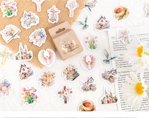 Detalle de pegatinas vintage de acuarela con flores y ángeles para scrapbooking creativo