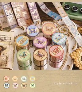 Close-up of vintage butterfly stamp washi tape set on a decorative display tray