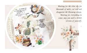 Detalle de pegatinas vintage de acuarela con motivos de niña, reloj de bolsillo y pájaros