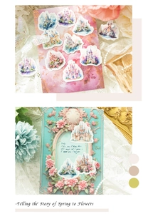 Detalle de pegatinas de castillos vintage en acuarela para scrapbooking con encaje y perlas