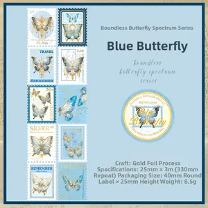 Detalle de cinta washi de mariposas azules con acabado dorado para manualidades de diario