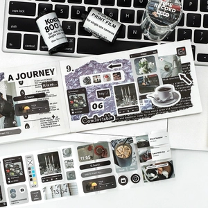 Minimalist aesthetic washi tape set featuring black and white UI design and film photography