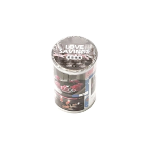 Cylindrical decorative washi tape roll featuring Love Savings theme and floral patterns