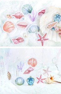 Detalle de pegatinas de acuarela con temática marina de conchas para decorar scrapbooking