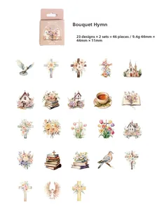 Vista macro de 46 pegatinas vintage con flores, palomas e ilustraciones de ángeles