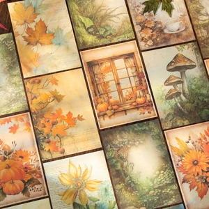 Retro-Herbstwald-Journalpapier-Set mit Ahornblättern, Kürbissen und Pilzillustrationen