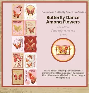 Detalle de cinta washi de mariposas con lámina de oro y diseño de sellos vintage para DIY