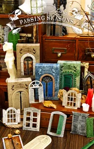 Macro shot of vintage seasonal door and window collage cards for scrapbooking decoration