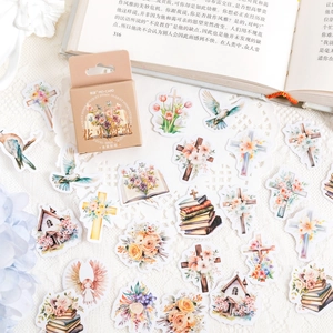 Pegatinas florales y religiosas en caja kraft con diseños de cruces e iglesias