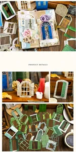 Macro shot of vintage window and door paper cutouts with detailed textured paper patterns