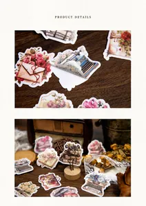Close-up of vintage aesthetic scrapbooking stickers showing paper texture and peel detail