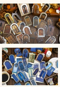 Macro detail of vintage European doorway stickers for scrapbooking in mixed retro colors