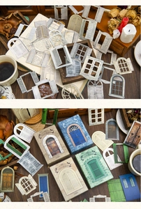 Detail view of 50pcs vintage window and door frame scrapbooking stickers for journaling