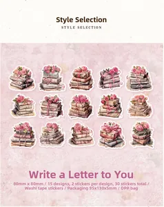 Detailed view of 30 vintage washi stickers featuring romantic book and flower motifs
