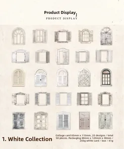 Matrix display of 25 vintage window collage cards on textured retro background