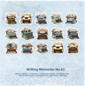 Detailed flat lay of 15 vintage typewriter and floral washi paper stickers for scrapbooking