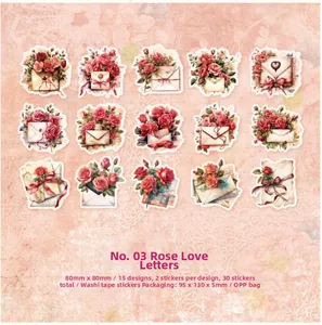 Detail of 15 vintage watercolor rose stickers on textured paper with lace design