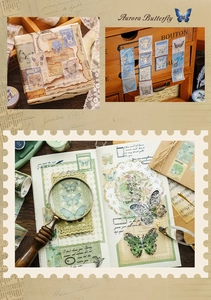 Detalle del set de papelería vintage Aurora Butterfly con estampado dorado y pegatinas