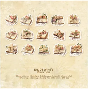 Macro detail of 30pcs vintage aesthetic stickers with European book and rose illustrations