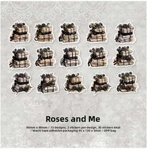 Macro detail of 30 retro black rose washi stickers for dark academia journaling