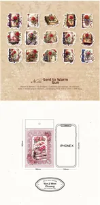 Detailed size comparison of vintage book stickers with iPhone and paper texture view