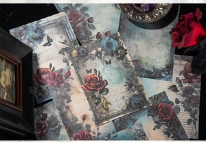 Detalle de papeles de scrapbooking barrocos vintage con rosas y motivos de mariposas