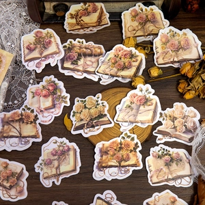 Vintage rose and book theme stickers set for scrapbooking with floral illustrations