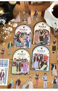 Detailed stickers showing people illustrations for DIY journaling on wooden table