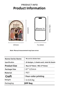 Detailed size comparison and specifications for PET character stickers for scrapbooking